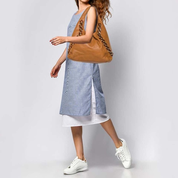 Vintage Michael Kors ID Chain Large Leather Tan Hobo Shoulder Bag Purse Handbag - Picture 1 of 5